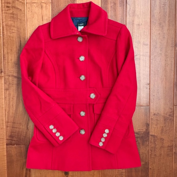 J. Crew Classic Red Wool-Blend Button-Down Polo Trench Coat Belted Sz 8 - Picture 5 of 15
